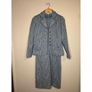 Vintage Kimberly Virgin Wool Knit Dress & Jacket Set Blue Diamond Pattern Sz 10